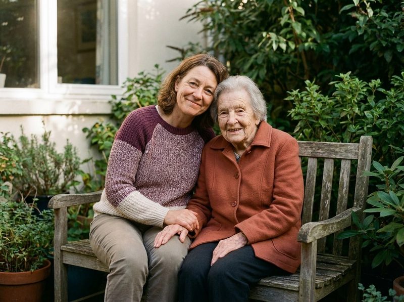 An adult daughter sitting on a garden bench beside her elderly mother, holding her hand.