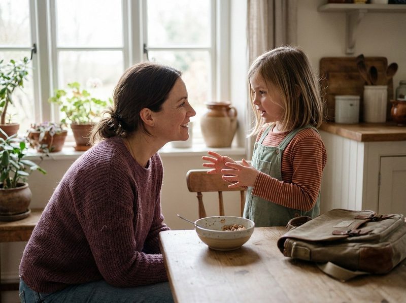 A parent crouched to her young daughter’s eye level at a kitchen table, listening as she talks.
