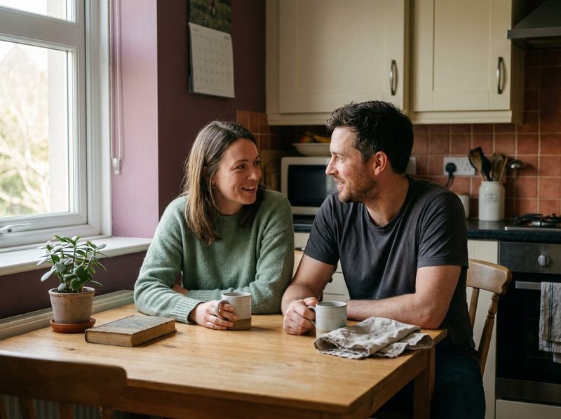 A couple sitting at a kitchen table with mugs of tea, talking quietly to each other.