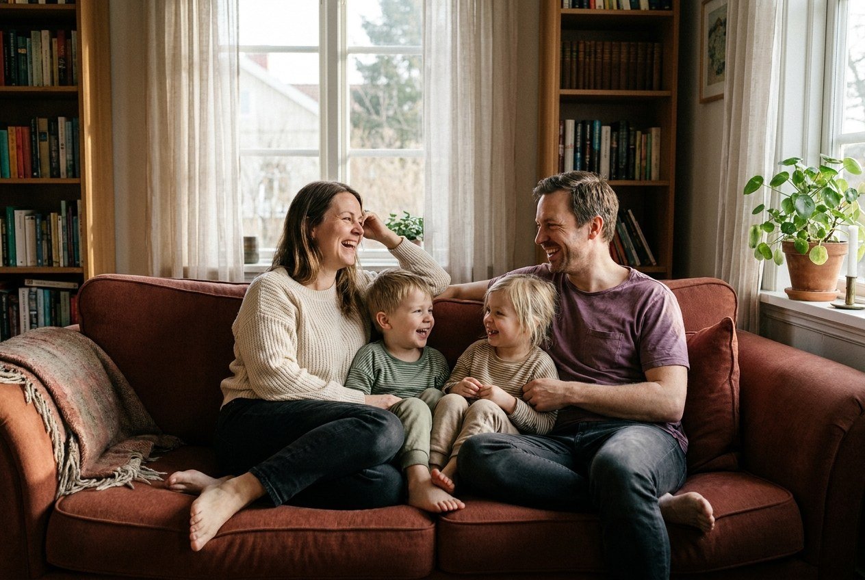 A mother, father and their two young children sitting together on a sofa, laughing.